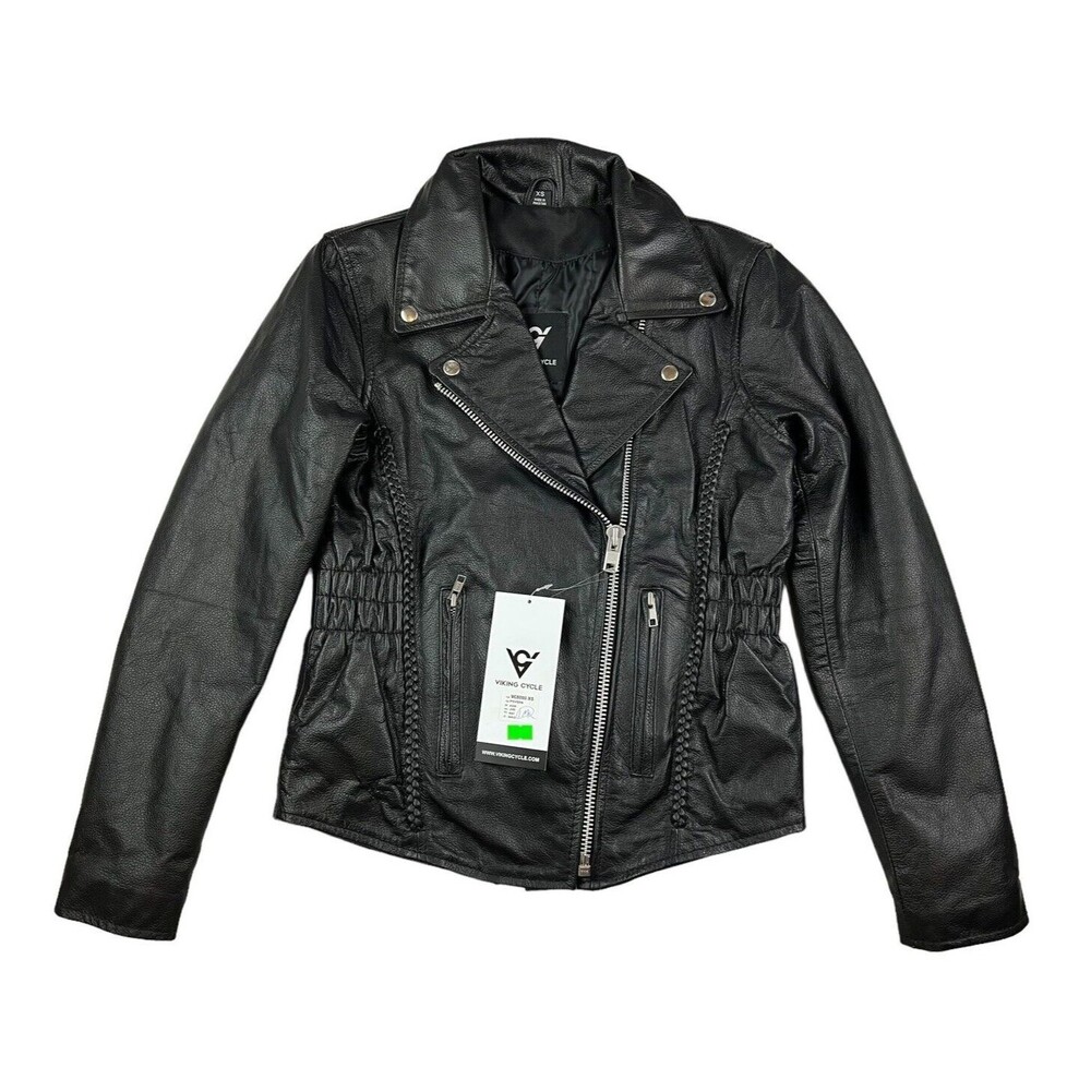 Viking Cycle Women's Black Leather Cruise Moto Motorcycle Jacket Size XS NWT